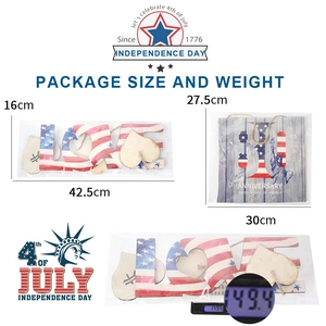 Independence Day wooden hanging decor showing size measurements and product weight details