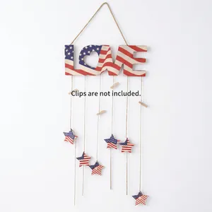Detail of wooden LOVE hanging sign with American flag stars and stripes pattern