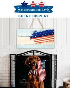 Rustic US flag wooden welcome sign hanging on white brick wall for Independence Day decor