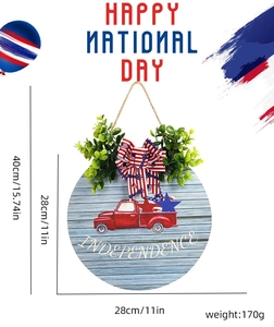 Detail of circular wooden Independence Day sign with red truck pattern and dimensions