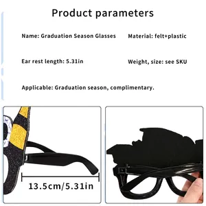 Glitter graduation season party glasses with felt frame and 13.5cm plastic temples