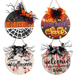 Halloween LED Light Wooden Door Plaque Horror Blood Handprint Welcome Sign Bat Withered Branches Hanging Party Home Decoration