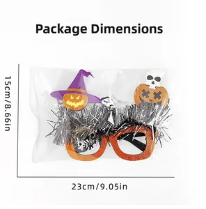 Halloween decorative glasses with pumpkin and witch hat in clear packaging with dimensions