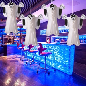 Set of four 3D white honeycomb paper ghost hanging decorations for Halloween party decor