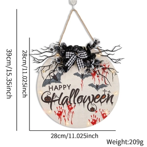 LED Halloween door hanger with happy halloween text blood handprints and black bow decoration