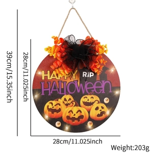 LED lighted Halloween door sign with Happy Halloween text, pumpkins and orange leaves