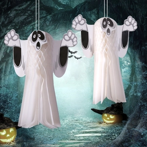Close-up of white honeycomb paper ghost hanging decorations for spooky Halloween party setups