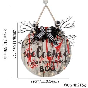 Halloween Welcome door sign with red handprints, black branches and LED lights 28cm