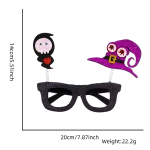 Detailed dimensions of Halloween party glasses featuring skull and witch hat on white background