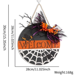 Halloween Welcome door sign with LED lights featuring spiders and orange flowers