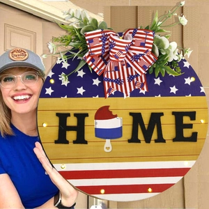Panneau de Bienvenue en Bois du Jour de l'Indépendance Américaine Décoration Patriotique Avec Lumière LED Plaque Suspendue Étoile Ronde