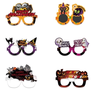 Set of six Halloween paper glasses featuring pumpkins, ghosts, black cats, and witch hats