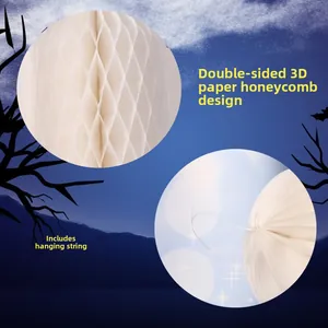 Macro view of 3D white paper honeycomb ghost decoration for Halloween party venue setup