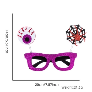 Halloween purple glitter glasses with spring eye and spider details, 20x14cm size guide