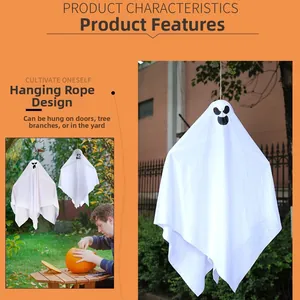 White fabric Halloween ghost hanging decorations with spooky faces and hanging ropes for trees
