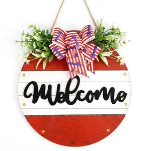 Patriotic wooden Welcome sign with red white stripes and felt lettering for door decor