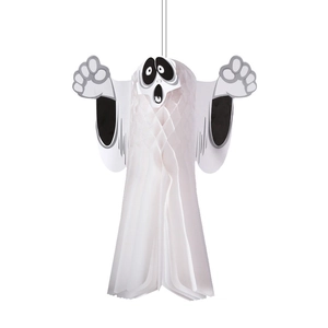 Detail of white honeycomb paper ghost hanging decoration with black spooky face for Halloween
