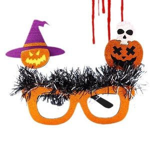 Halloween decorative glasses with orange glitter frames and spooky witch hat ghost icons