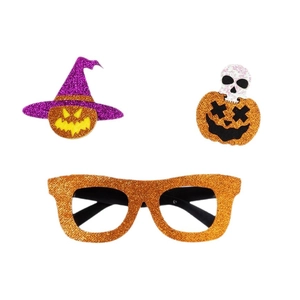 Halloween decorative glasses with orange glitter frames and pumpkin witch hat accessories