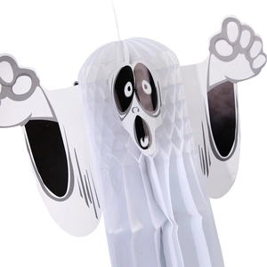 Detail of 3D honeycomb tissue paper ghost with a spooky face for Halloween parties