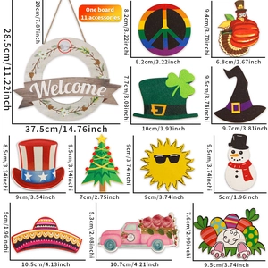 Detailed dimension guide for interchangeable welcome sign with 11 seasonal wood icons
