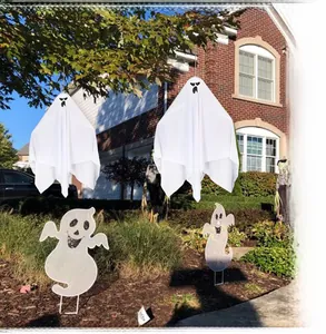 Outdoor Halloween white hanging ghosts and ground stakes decorations for party garden setup