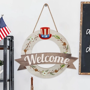 Patriotic wooden Welcome sign with stars stripes hat and floral decor for home porch