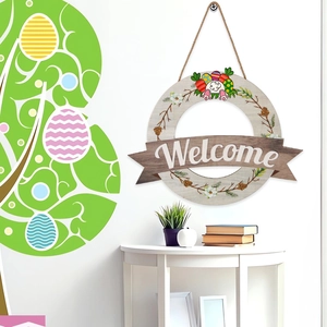 Easter wooden welcome sign with colorful eggs, bunny motifs and a rustic hanging rope