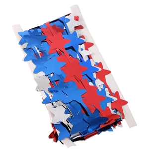 Close-up of red, blue, and silver metallic star garland for Independence Day party decor