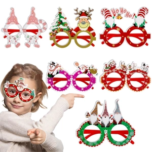 Detail of 6 unique Christmas party glasses with glitter reindeer and Santa designs