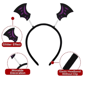 Halloween headband with purple glitter bat wings and elastic frame for party decoration