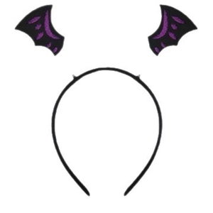 Halloween headband with glittery purple and black bat wings on a flexible hair hoop