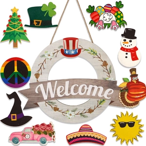 Interchangeable Welcome Sign For Front Door Rustic Wooden Welcome Wreath With Seasonal Holiday Icons For Home Porch Wall Decor