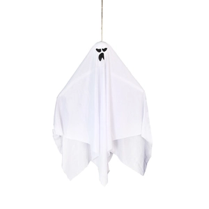Hanging white fabric ghost decoration with spooky face for Halloween party decor
