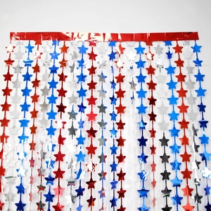 2M Independence Day star foil fringe curtain with red blue and silver stars for party backdrop