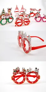 Detail view of colorful Christmas party glasses sets with festive reindeer and Santa designs