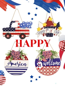 Set of July 4th wooden door signs featuring American flags and patriotic decorations
