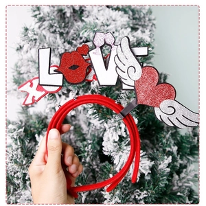 Festive red LOVE headband with glitter hearts and wings for Valentine's Day parties