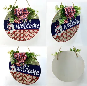 Close-up of July 4th wooden door sign with patriotic gnome and faux greenery decor