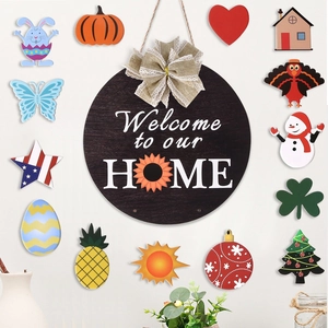Ronde Houten Welkomstbord Voor Voordeur Verwisselbare Seizoensiconen Buffalo Plaid Strik Rustieke Wanddecoratie Huisdecoratie