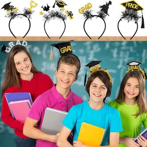 Graduation Party Headband Black Gold Glitter Mini Doctor Cap Tassel Grad Pride Trophy Star Festive Hair Hoop Ceremony Photo Props