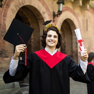 Academic graduation gown set with red sash and gold sequin GRAD mini mortarboard headband