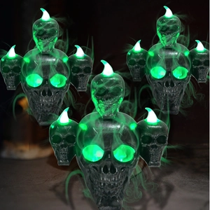 Διακοσμητικό κερί LED νεκροκεφαλή Halloween με πράσινα μάτια και εφέ καπνού