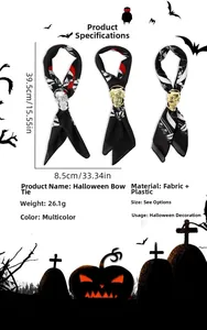 Détail de cravate pirate d'Halloween avec boucle crâne dorée et motifs d'os blancs