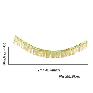 Detailed dimensions of gold foil fringe curtain showing 2m length and 20cm height