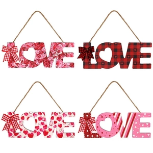 Valentine's Day Wooden LOVE Letter Hanging Sign Heart Rose Pattern Door Plaid Bow Decoration For Home Anniversary Party