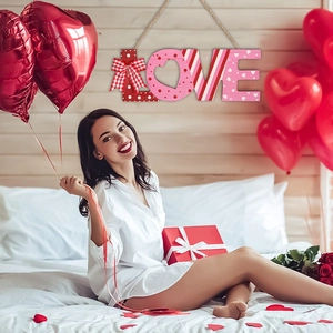 Romantic LOVE wooden wall hanging sign with red bow and hearts for Valentine's Day decor