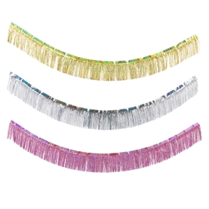 Holographic laser fringe curtains in gold, silver and purple for party wall backdrop