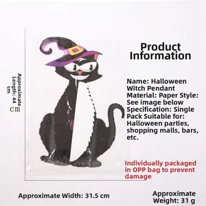 Detailed view of Halloween black cat honeycomb ball with purple hat and product dimensions