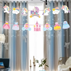 Unicorn and princess castle themed party banner featuring rainbow clouds and magic carriage